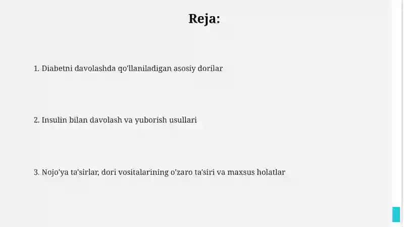 Qandli diabetni davolashda ishlatiladigan dori vositalari 2