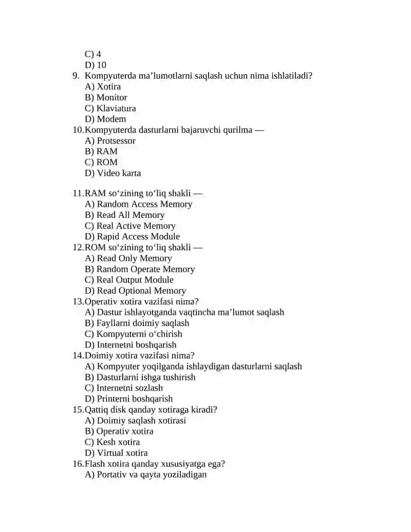 Kompyuter bo'yicha test savol-javoblari 2