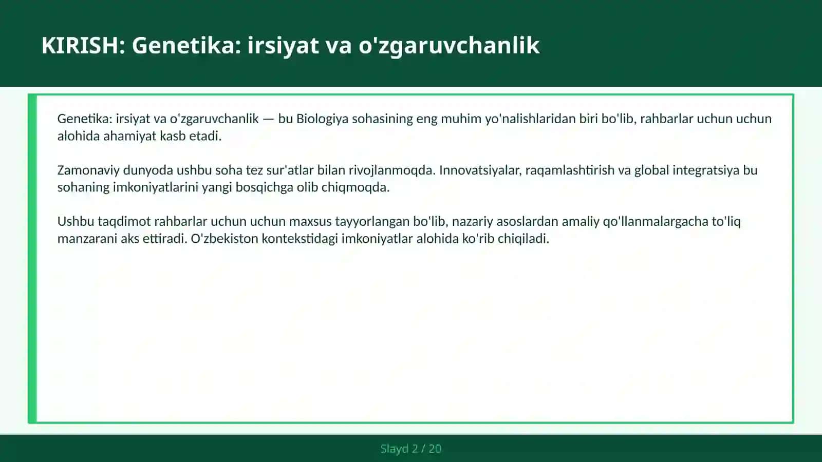 Genetika: IRSIYAT VA O'ZGARUVCHANLIK 2