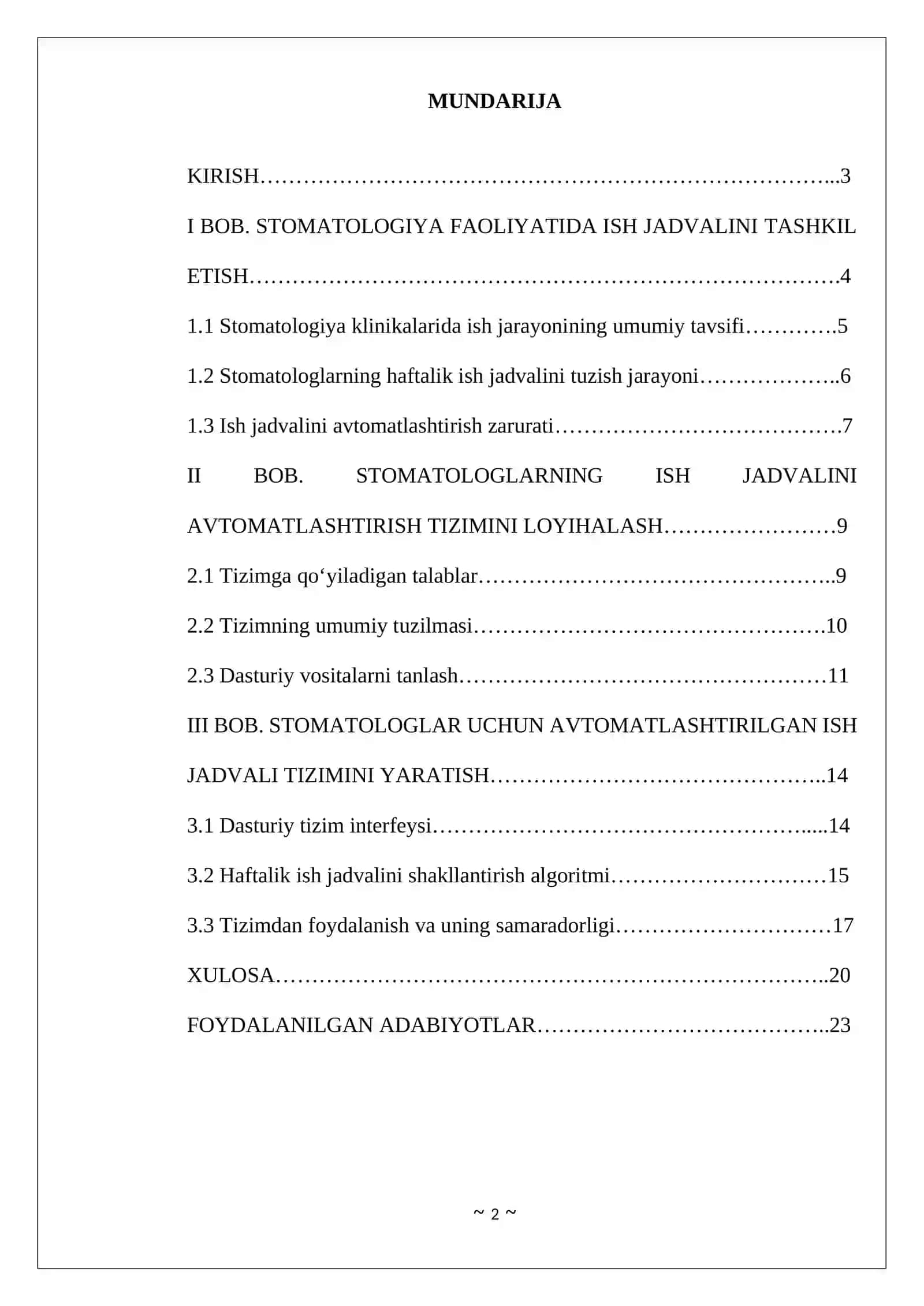 STOMATOLOGLARNING HAFTALIK ISH JADVALINI AVTOMATLASHTIRISH 2