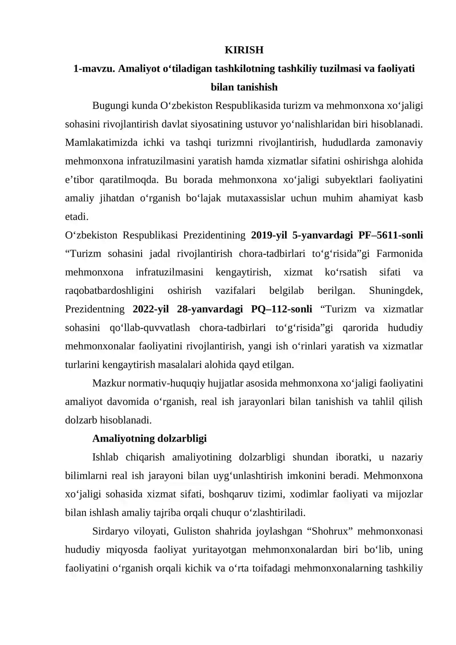 Amaliyot o‘tiladigan tashkilotning tashkiliy tuzilmasi va faoliyati bilan tanishish 2