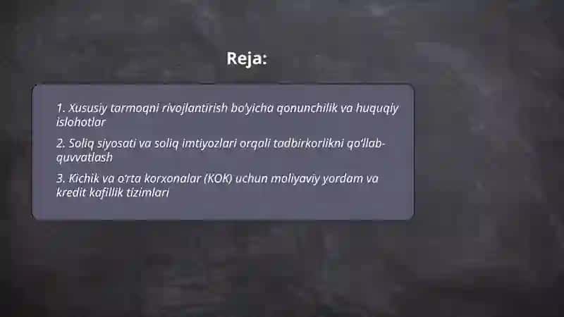 Davlatning iqtisodiyotda xususiy tarmoq va tadbirkorlikni qo'llab-quvvatlash siyosati 2