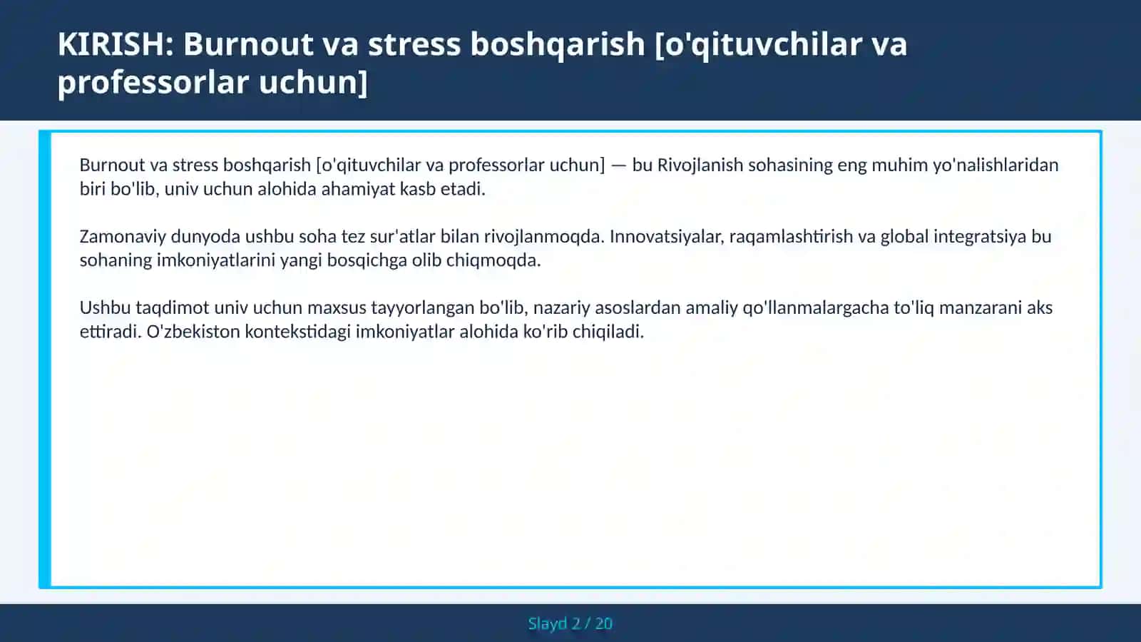 Burnout va stress boshqarish [o'qituvchilar va professorlar uchun] 2