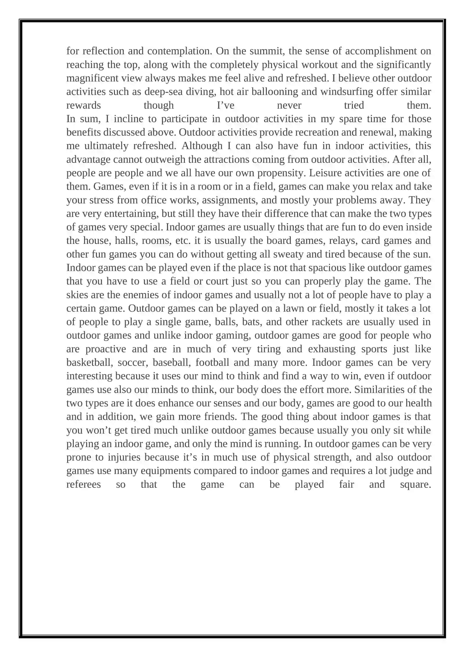 Indoor and Outdoor Activities Essay 2