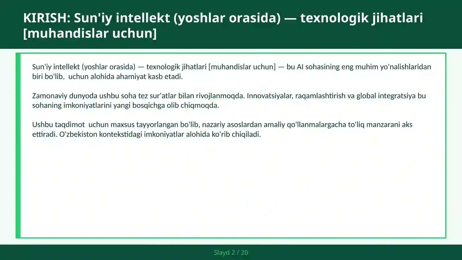 Sun'iy Intellekt (Yoshlar Orasida) — Texnologik Jihatlari [Muhandislar Uchun] 2