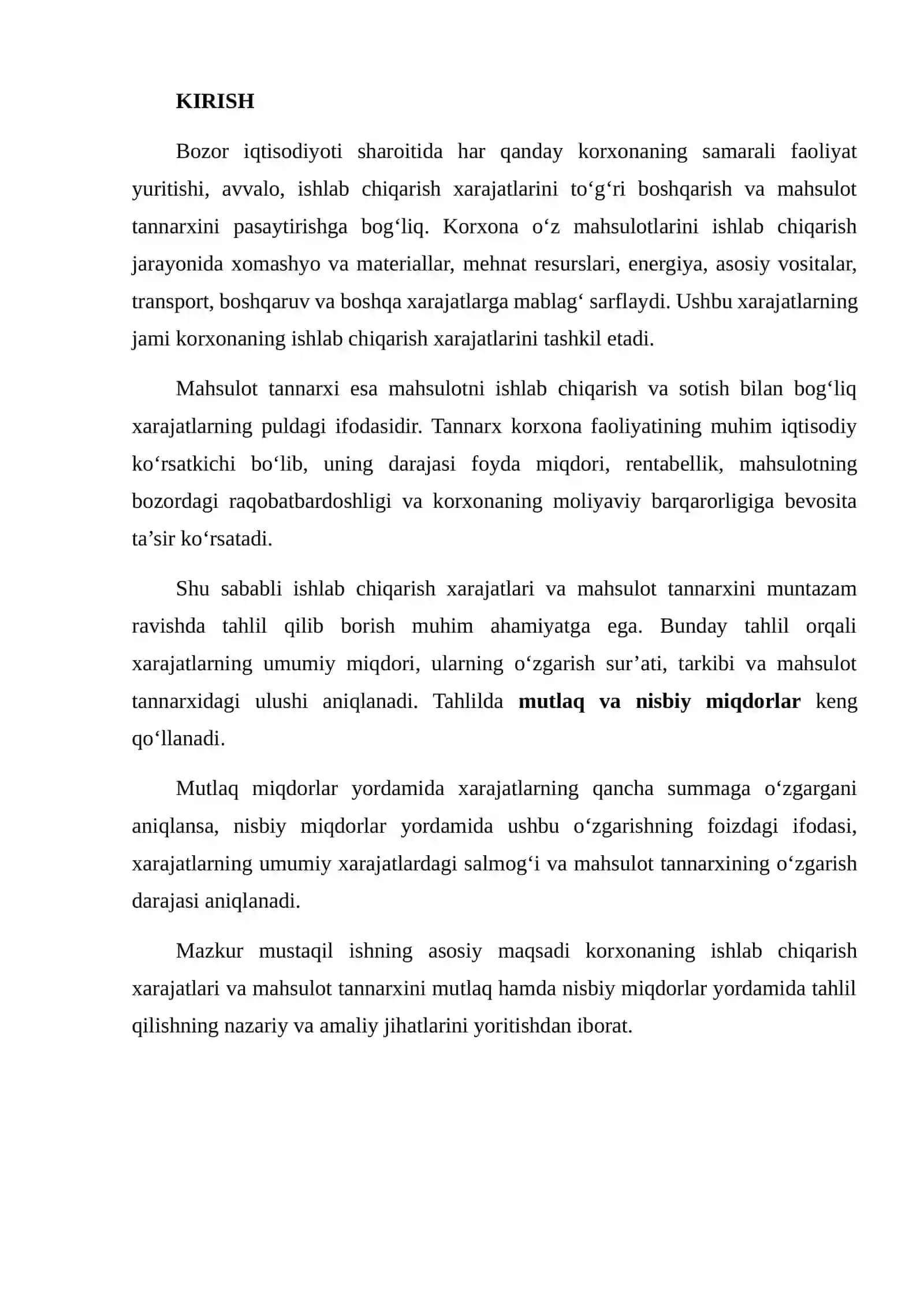 Mahsulot va xarajatlar tahlili 2