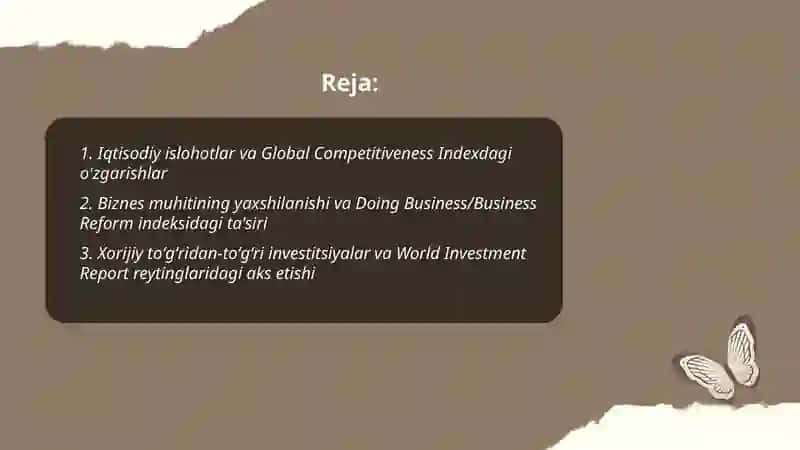 Yangi O'zbekiston ijtimoiy ijtimoiy siyosiy,iqtisodiy va madaniy hayotida ro'y berayotgan o'zgarishlarning xalqaro reyting va indekslarda aks etishi 2