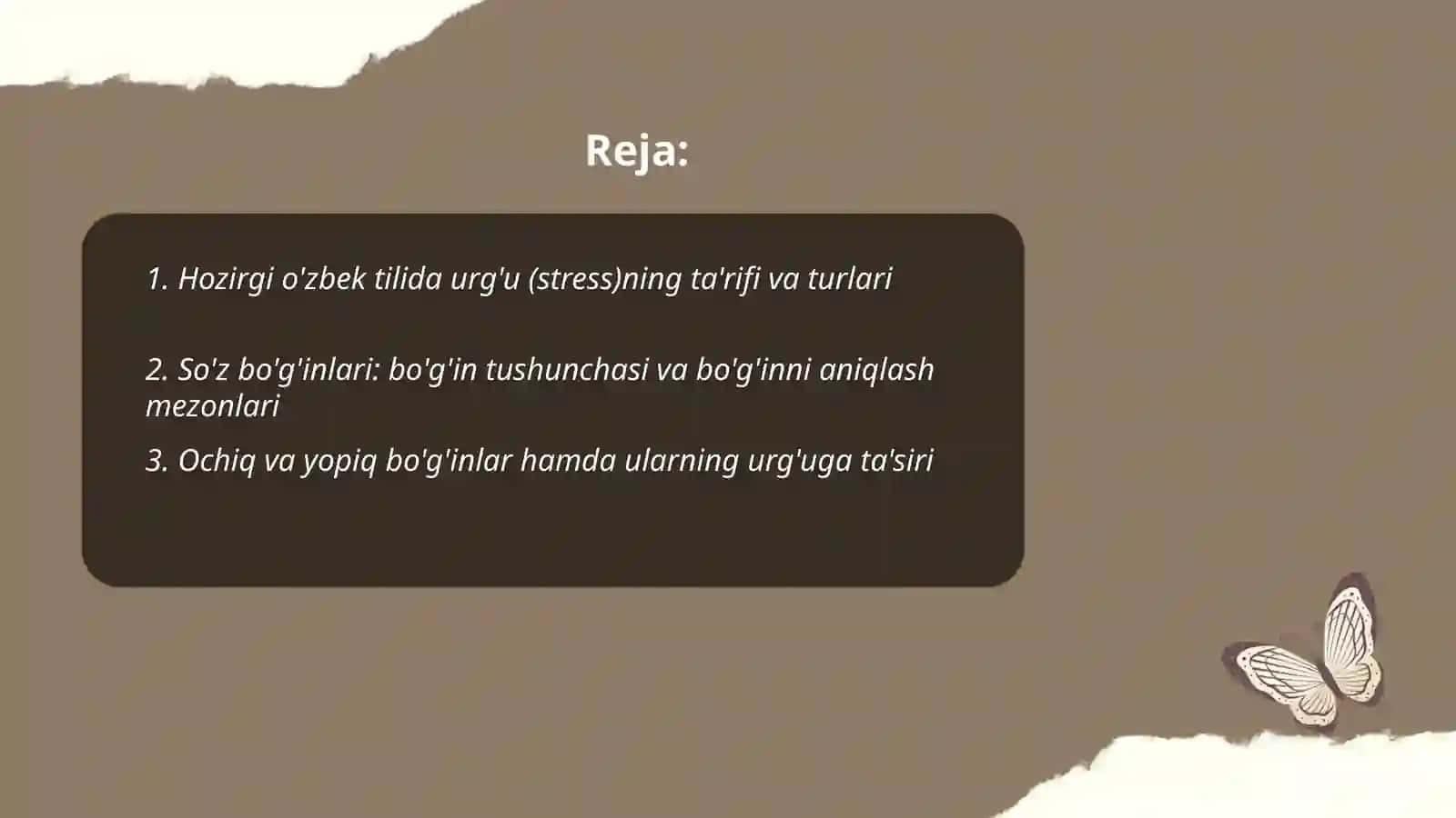 Hozirgi O'zbek tilida urg'u va bo'g'in. Nutqning fonetik bo'linishi 2