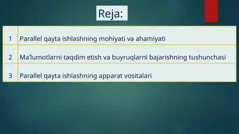 Parallel qayta ishlash, ma’lumotlarni taqdim etish va buyruqlarni amalga oshirishda apparat vositalarning vazifalari 2