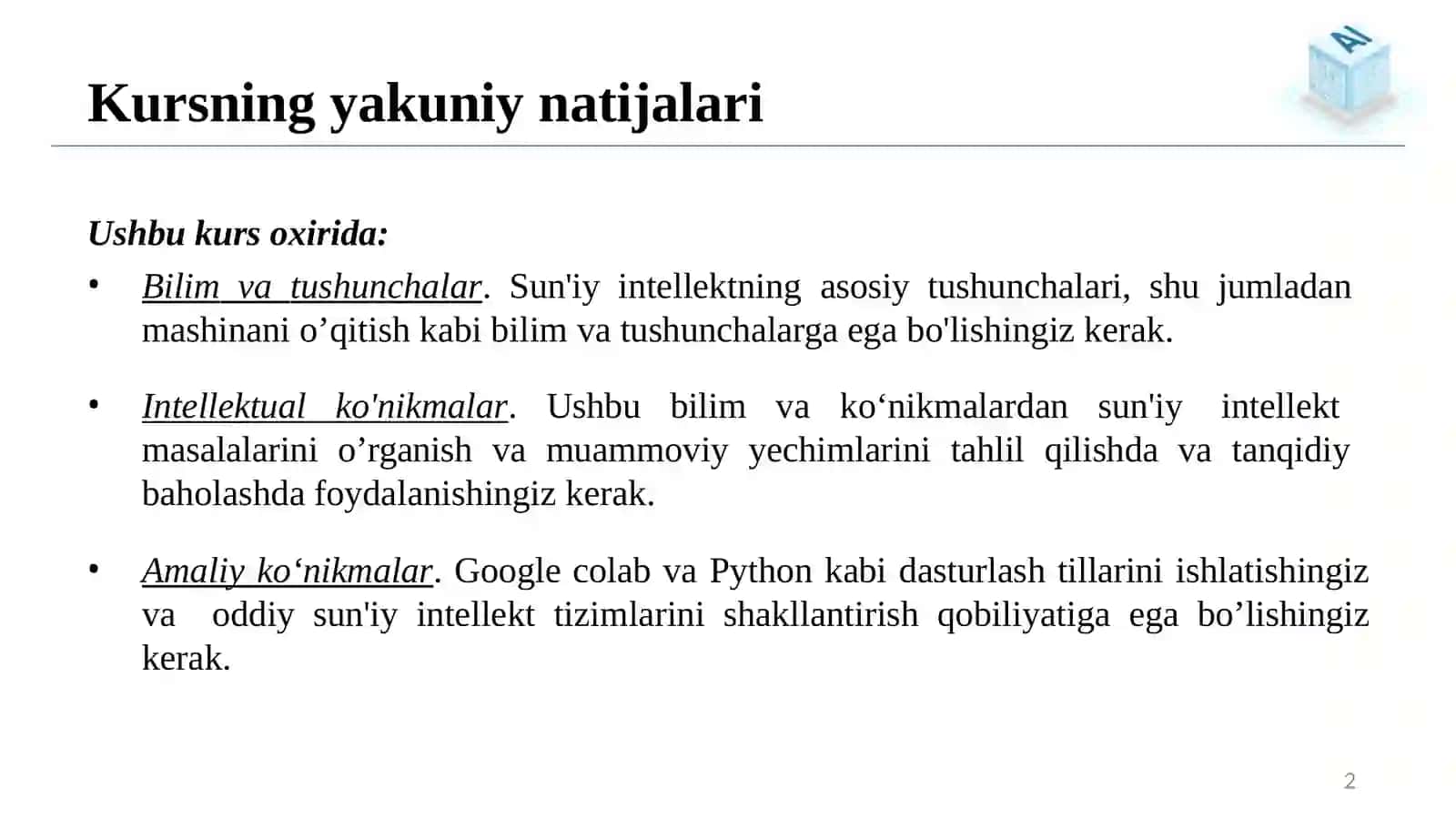 Sun’iy intellektga kirish. Asosiy tushunchalar va sohalarda qo‘llanilishi 2