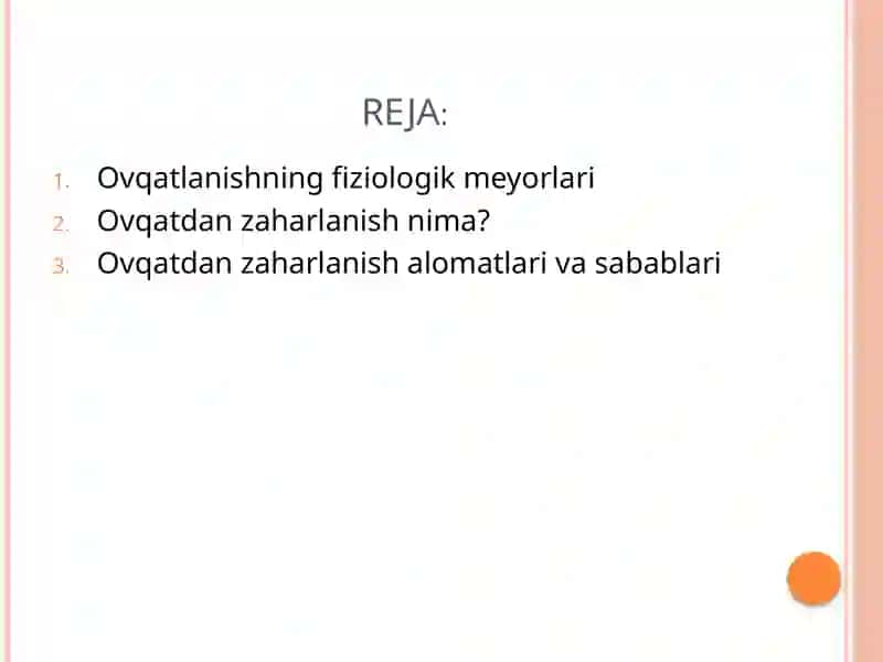 Ovqatlanishning fiziologik me’yorlari. Ovqatdan zaharlanish. Davolovchi profelaktik ovqatlanish va uning ahamiyati 2