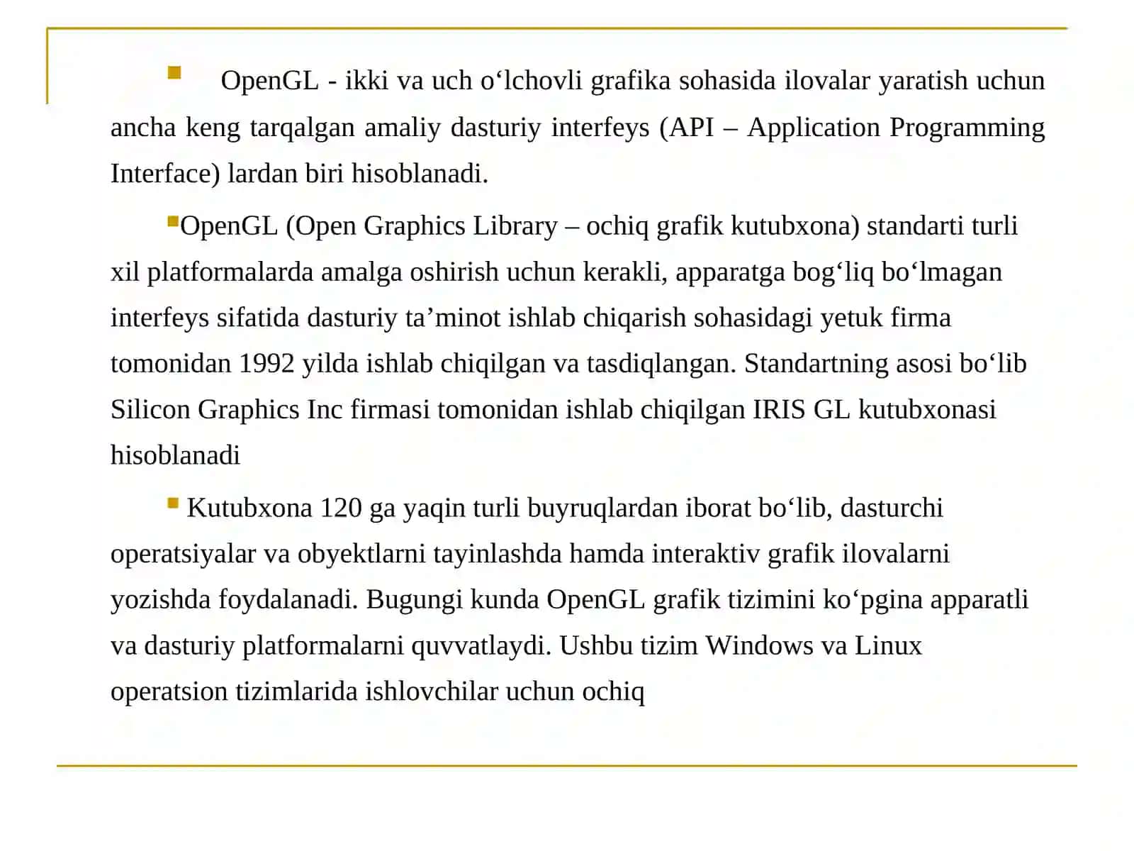 Ma’ruza6.OpenGL grafik kutubxonasi bilan tanishish.OpenGLgrafik modellarni yaratish 2