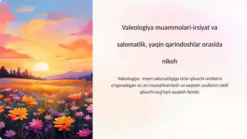 Valeologiyamuammolari-irsiyatvasal Valeologiya muammolari-irsiyat va salomatlik, yaqin qarindoshlar orasida nikohomatlik,yaqinqarindoshlarorasidanikoh 2