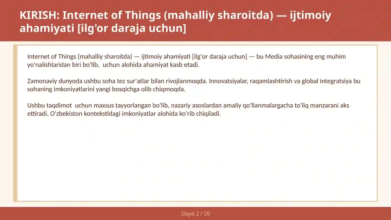 Internet of Things (mahalliy sharoitda) — IJTIMOIY AHAMIYATI [ILG'OR DARAJA UCHUN] 2