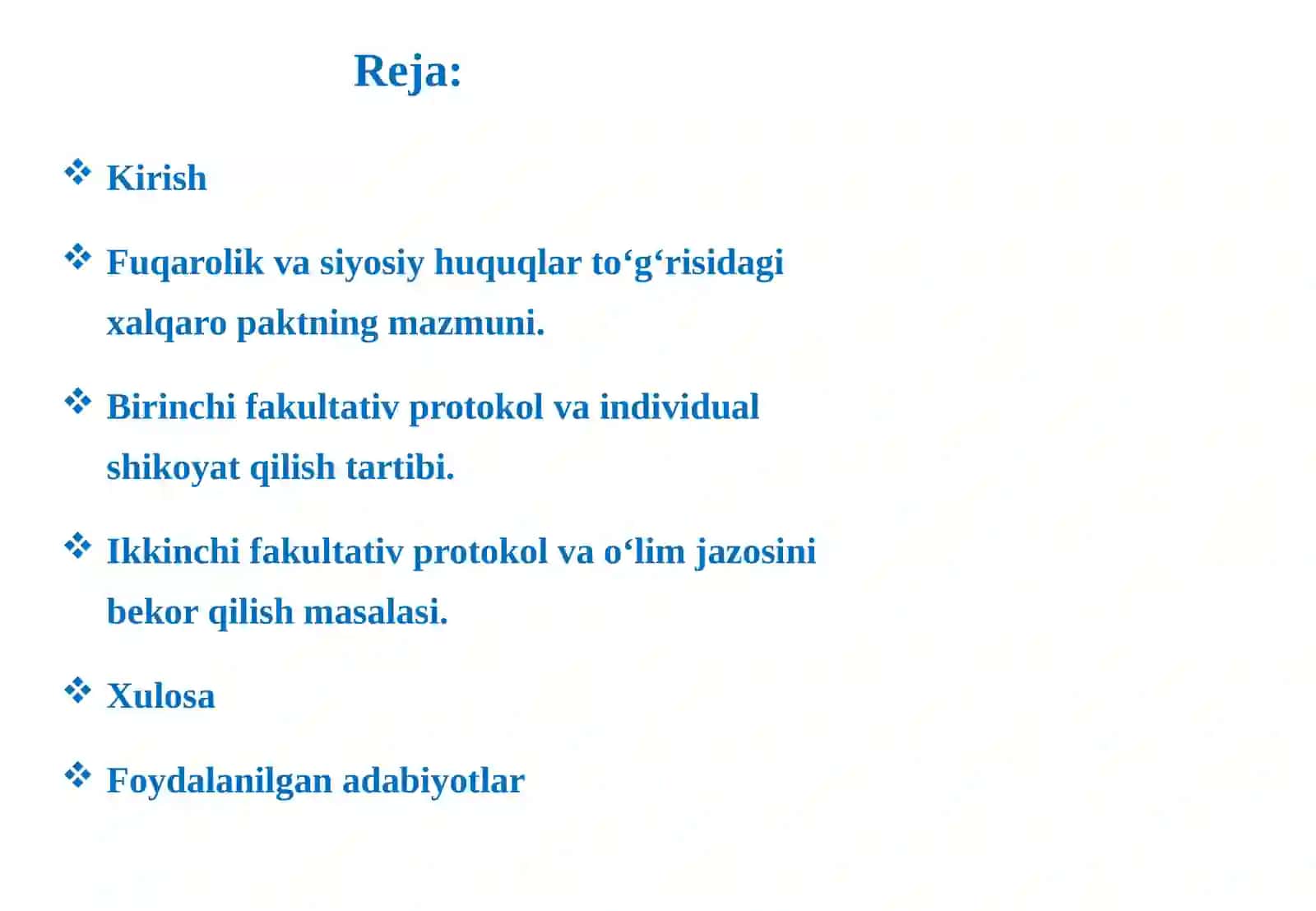 Fuqarolik vasiyosiy huquqlar bo'yicha xalqaro paktga qo'shimcha fakultativ protokollarning mazmuni 2