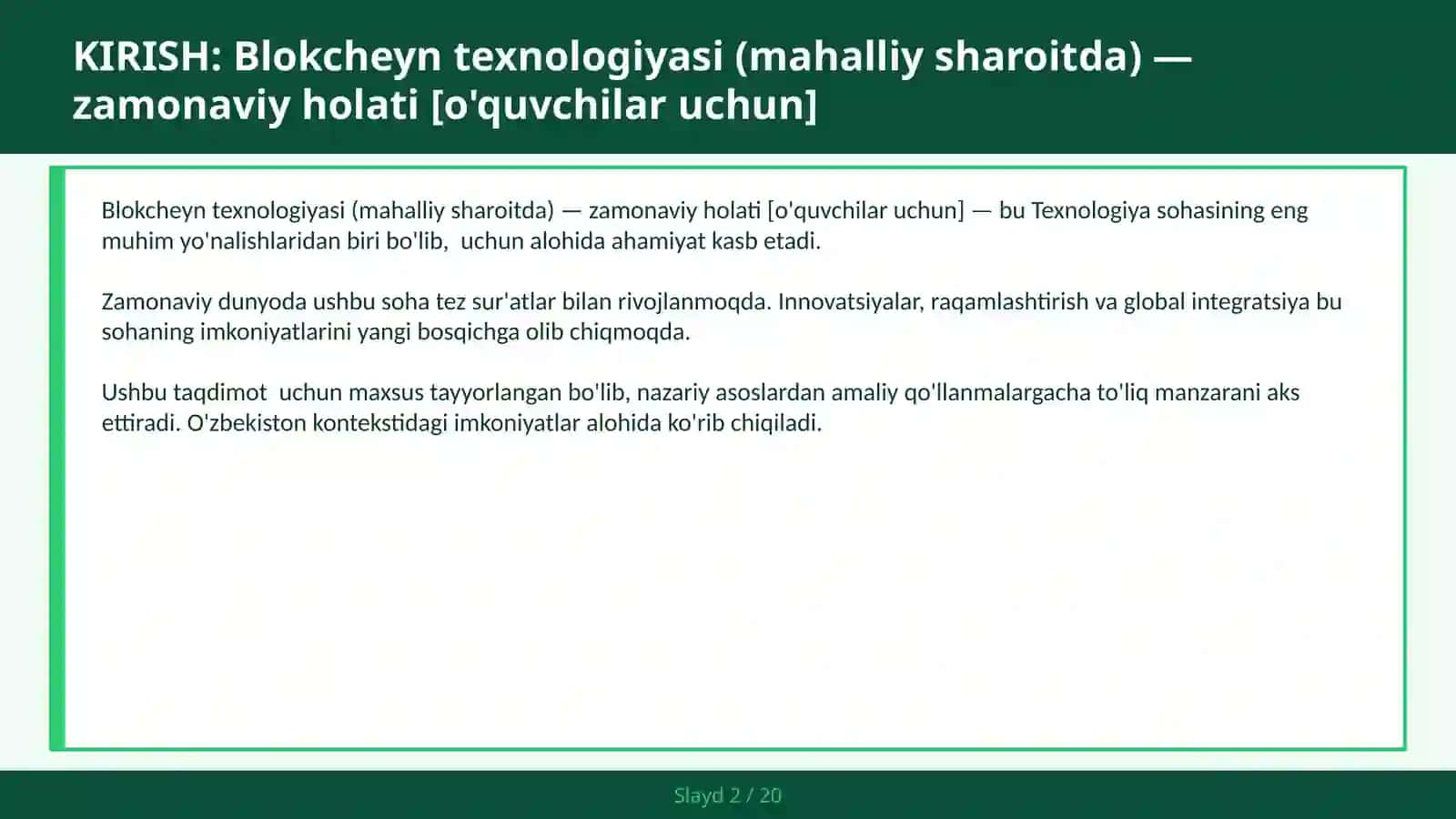 Blokcheyn texnologiyasi (mahalliy sharoitda) — zamonaviy holati [o'quvchilar uchun] 2