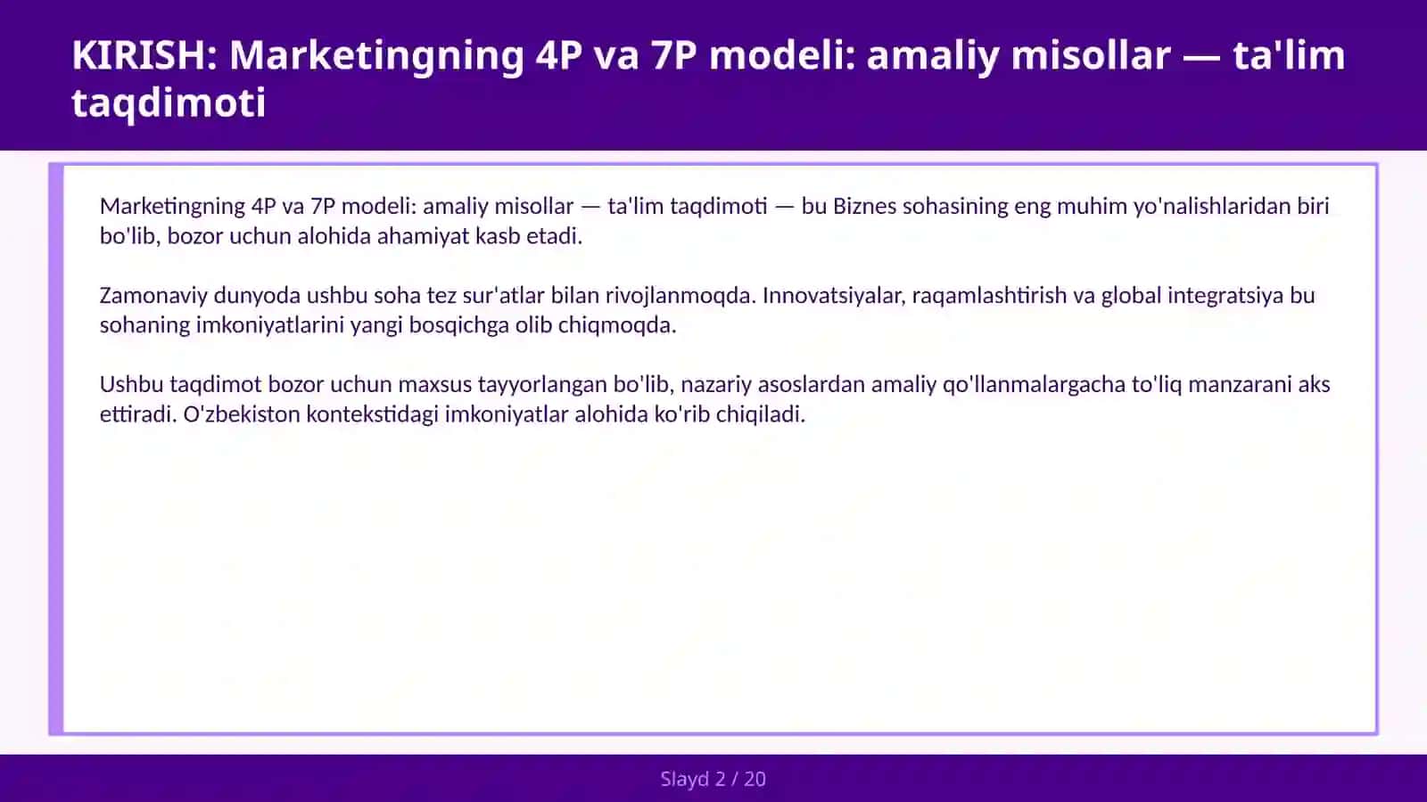 Marketingning 4P va 7P modeli: amaliy misollar — ta'lim taqdimoti 2