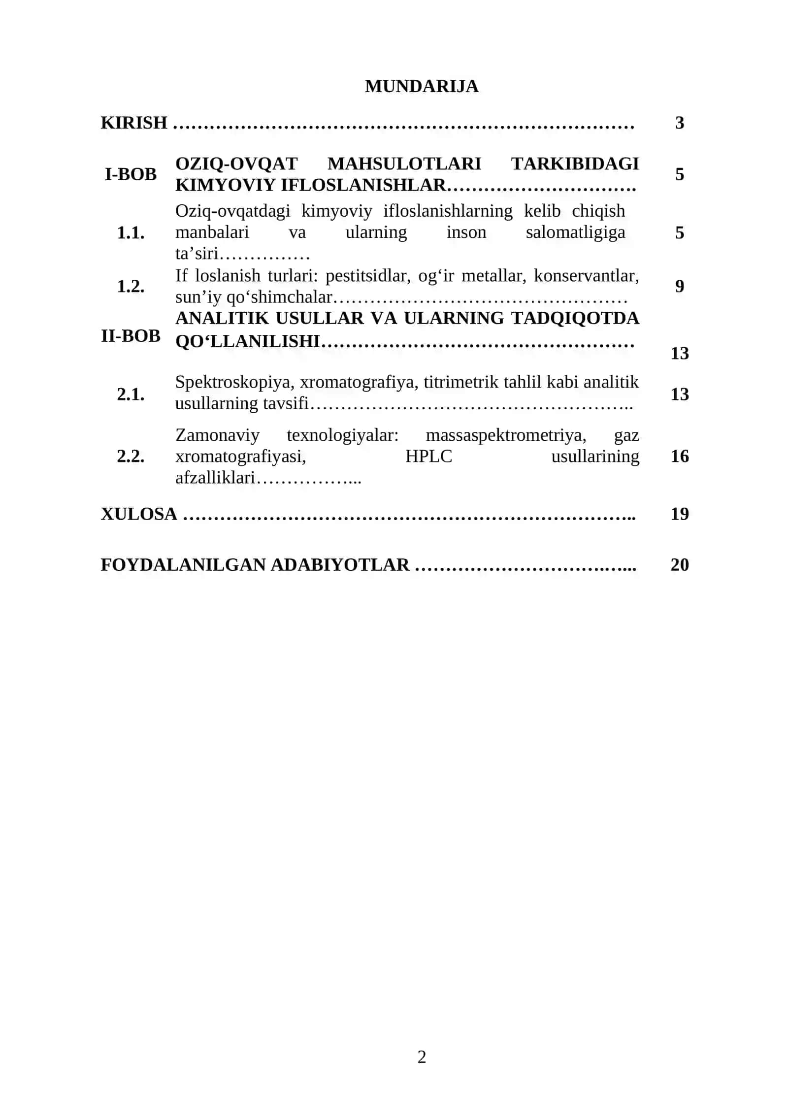 OZIQ-OVQAT MAHSULOTLARI TARKIBIDAGI KIMYOVIY IFLOSLANISHLARNI ANIQLASHNING ANALITIK USULI 2