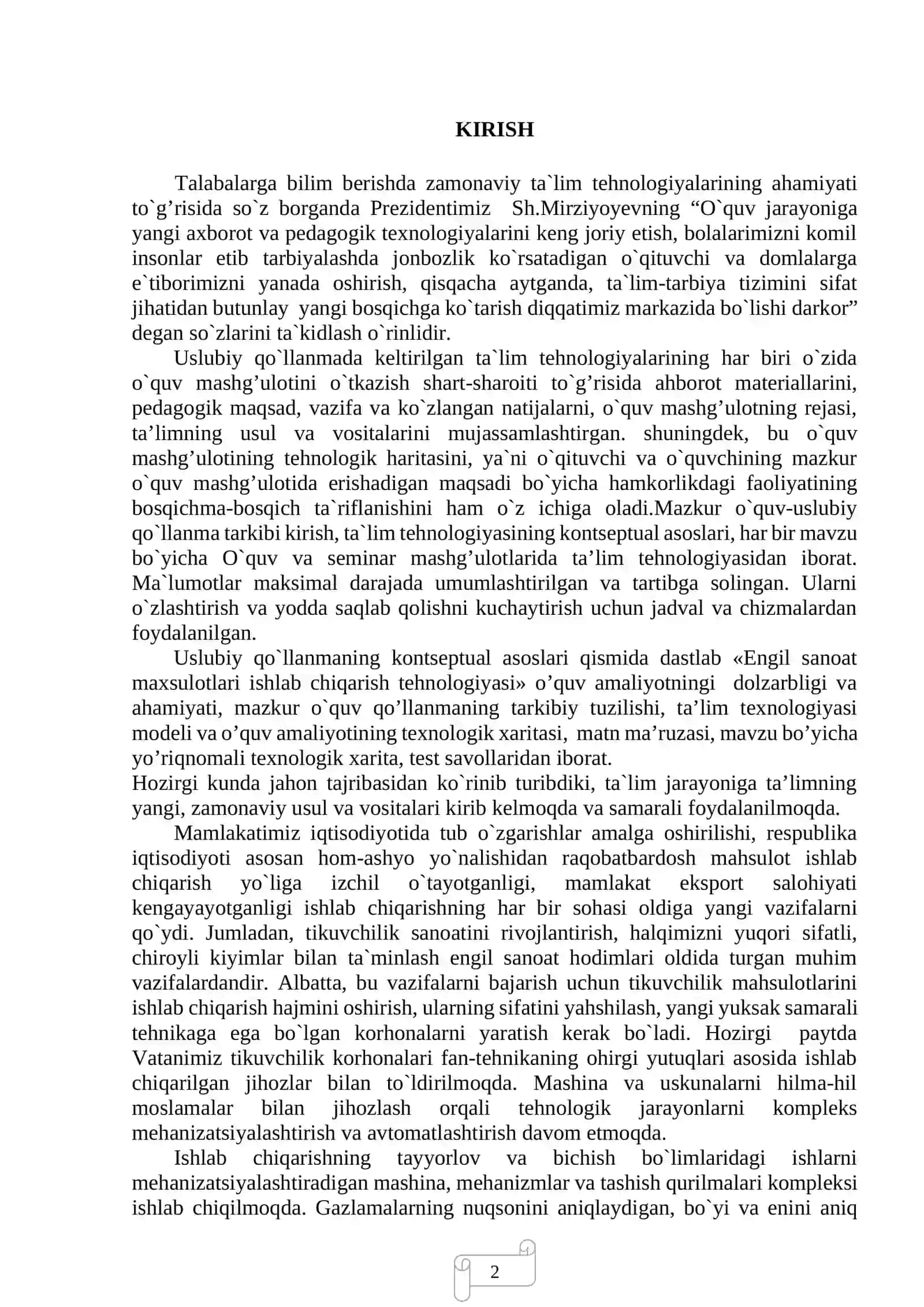 «TIKUV VA TIKUV TRIKOTAJ MATOSIDAN ERKAKLAR SAROCHKASI VA SHIMINI ISHLAB CHIQARISH TEXNOLOGIYASI» 2