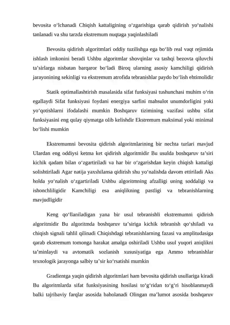 Boshqaruv ob’ektida ektremumni bevosita qidirishli static rejimlarni optimallashtirish algoritimlari 2