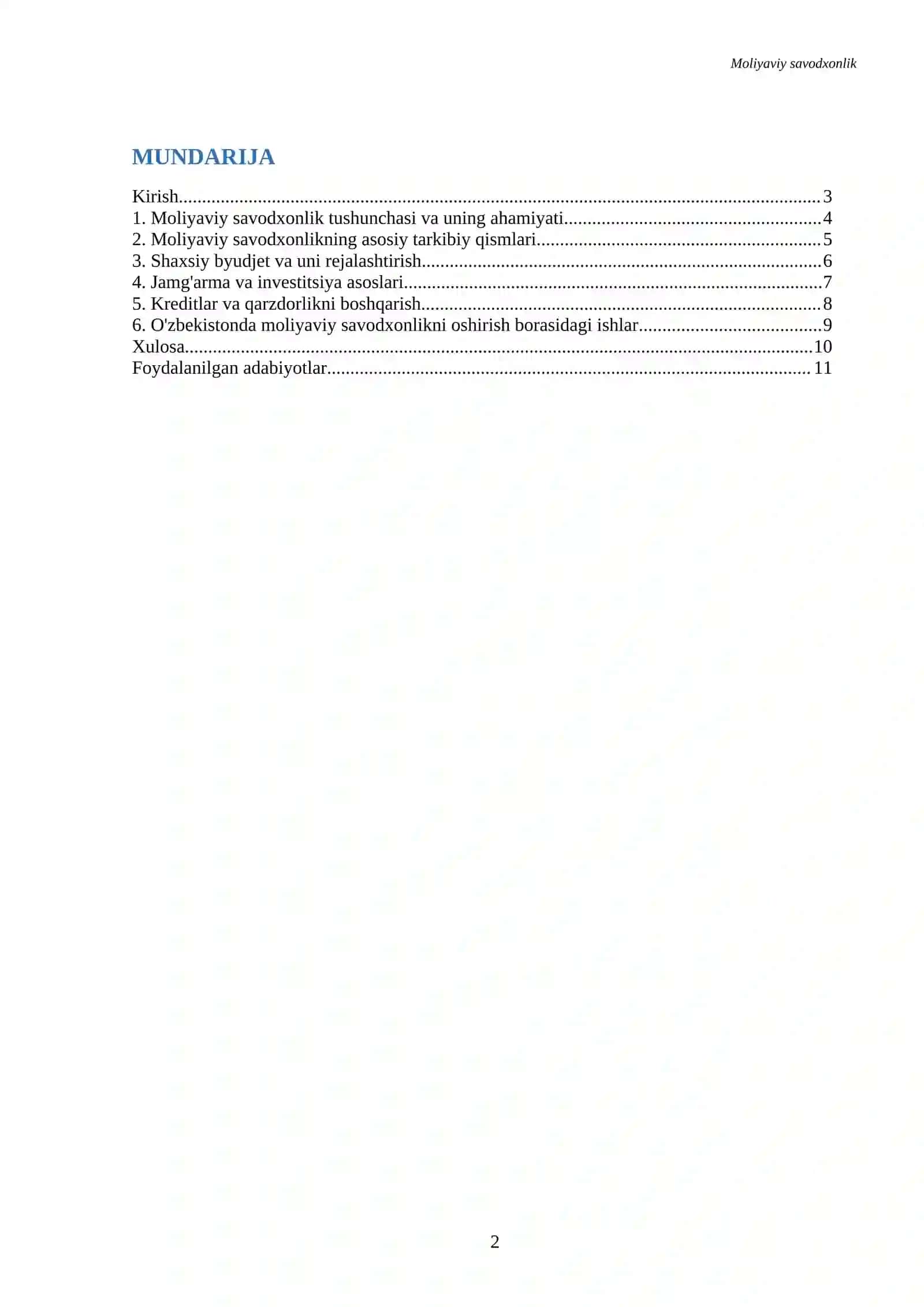 Referat Moliyaviy savodxonlik 2