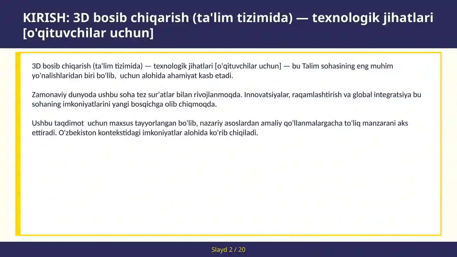 3D bosib chiqarish (ta'lim tizimida) — texnologik jihatlari [o'qituvchilar uchun] 2