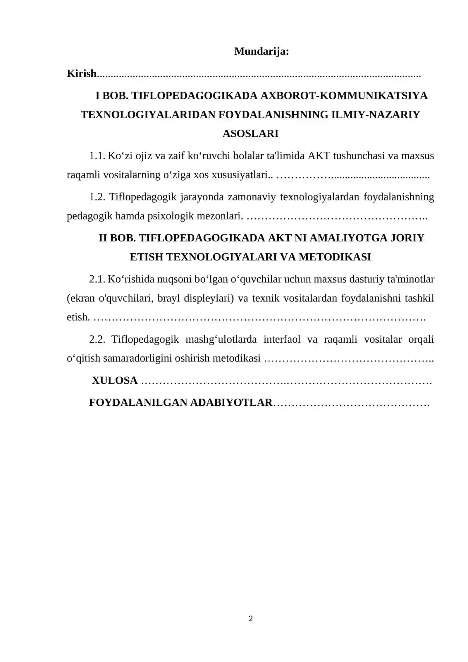 "Tiflopedagogikada AKT dan foydalanish" MAVZUSIDA TAYYORLAGAN KURS ISHI 2