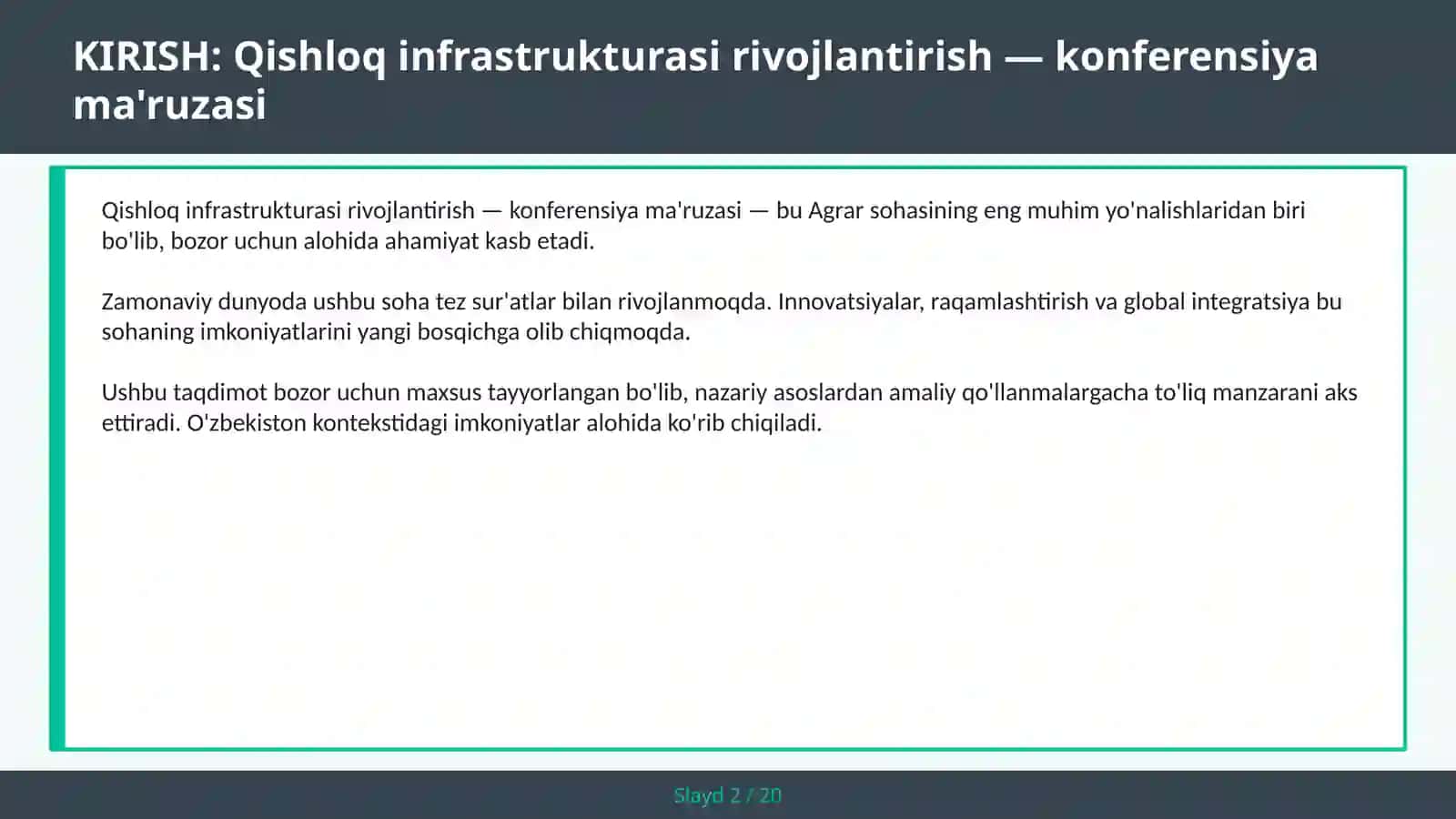 Qishloq infrastrukturasi rivojlantirish — konferensiya ma'ruzasi 2
