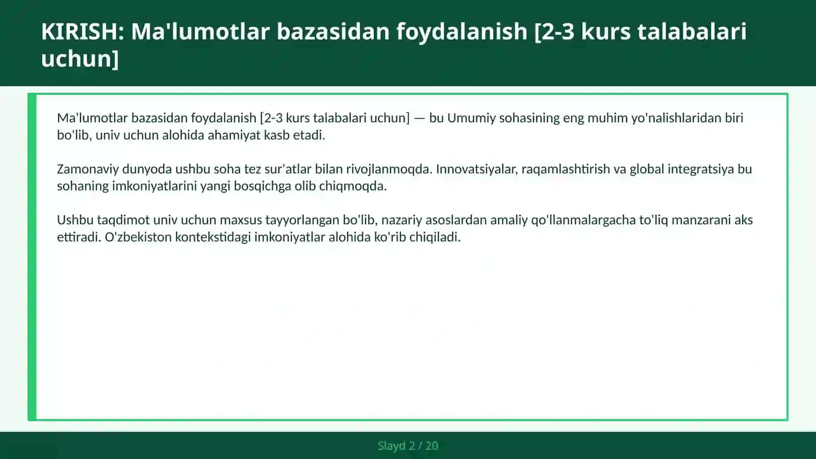 Ma'lumotlar bazasidan foydalanish [2-3 kurs talabalari uchun] 2