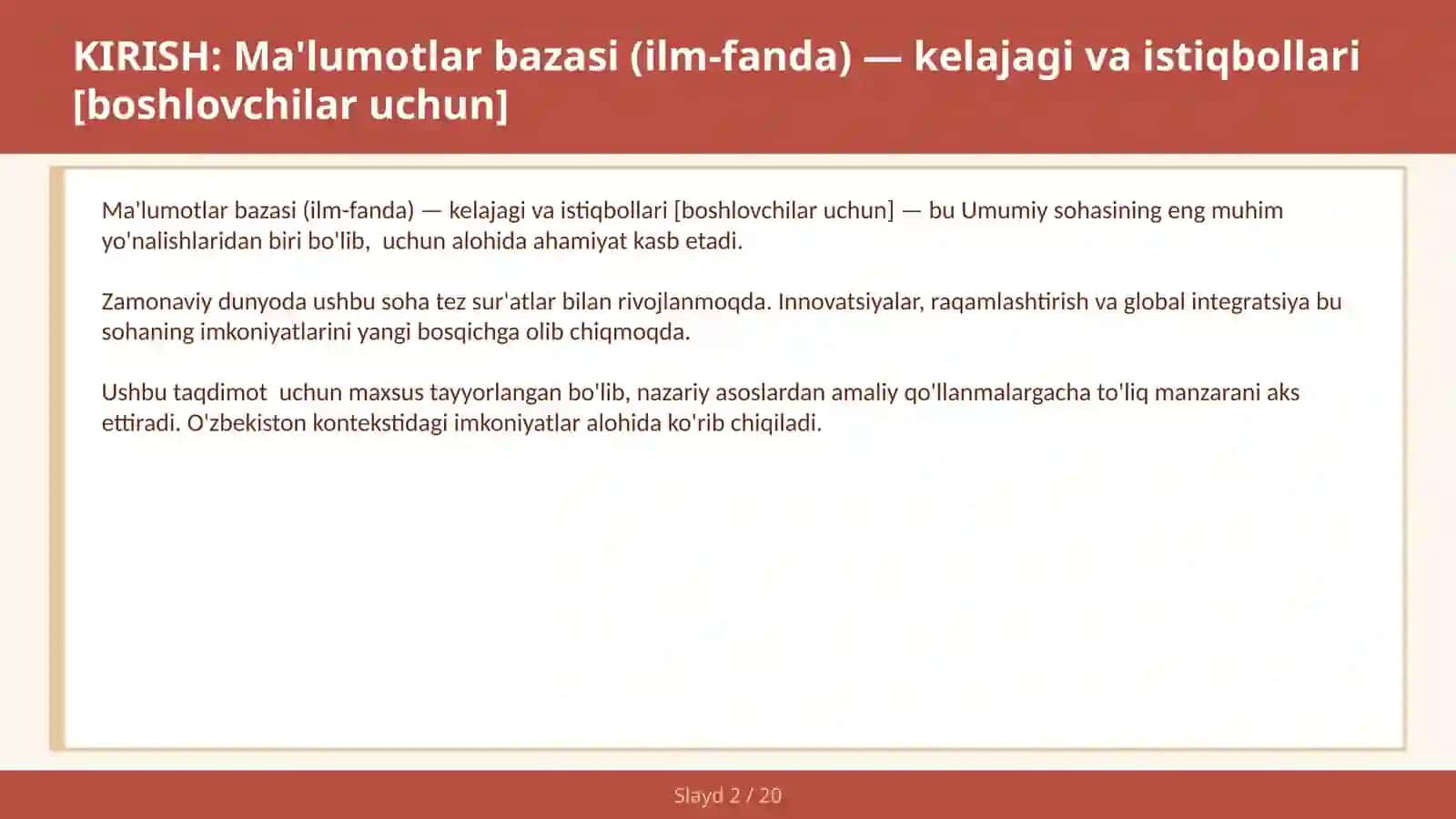 MA'LUMOTLAR BAZASI (ILM-FANDA) — KELAJAGI VA ISTIQBOLLARI [BOSHLOVCHILAR UCHUN] 2