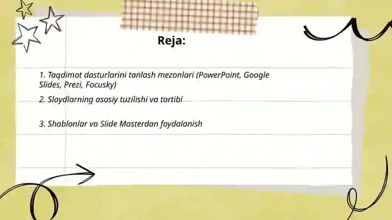 Taqdimot dasturlari (PowerPoint prezi Google Slides Focusky va boshqa dasturlar) da ishlash 2