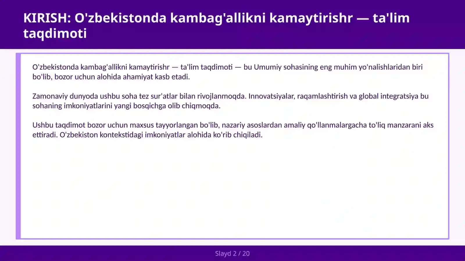 O'zbekistonda kambag'allikni kamaytirishr — ta'lim taqdimoti 2
