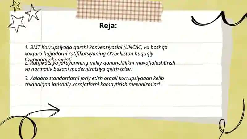 Korrupsiyaga qarshi kurash bo’yicha xalqaro qonunlar va qarorlarning O’zbekistonda ratifikatsiya qilishning ahamiyati 2