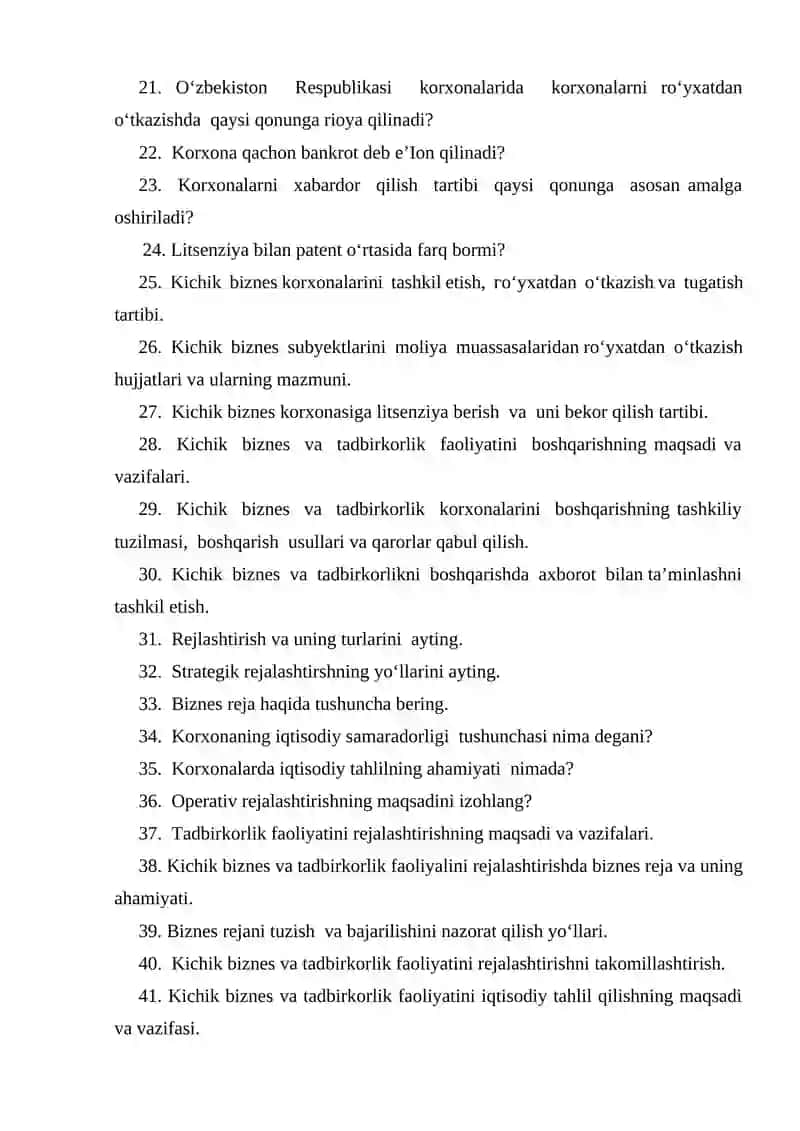 Korxonalarni tashkil etish va tadbirkorlik fanidan 1-oraliq nazorat savollari namunalari 2