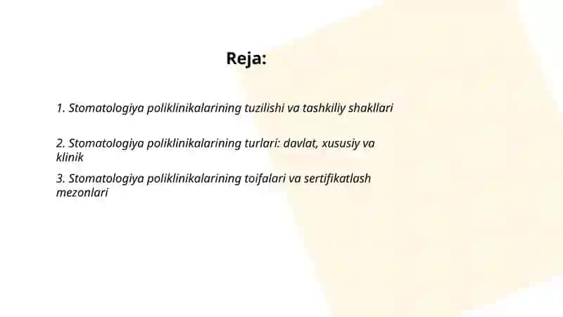 Stomatologiya poliklinikalari,turlari va toifalari. Stomatologiyada tibbiy xodimlarining majburiyatlari 2