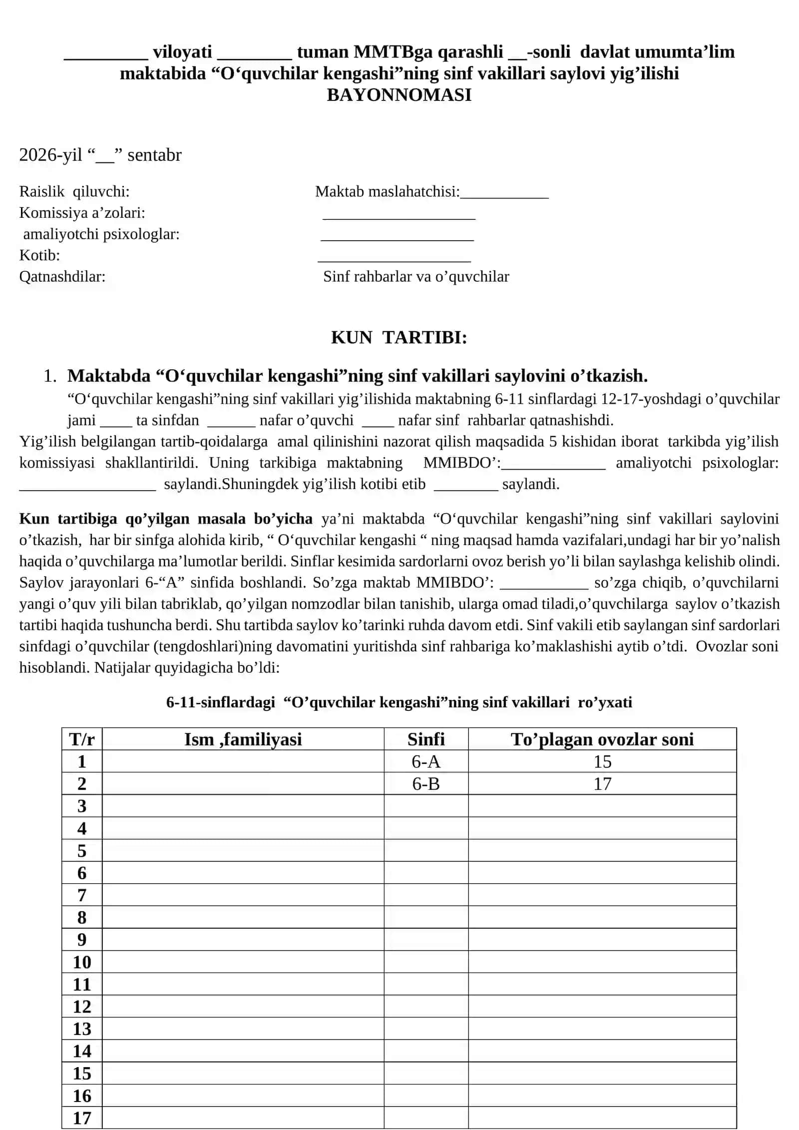 "O‘quvchilar kengashi" sinf vakillari saylovi yig’ilishi 2