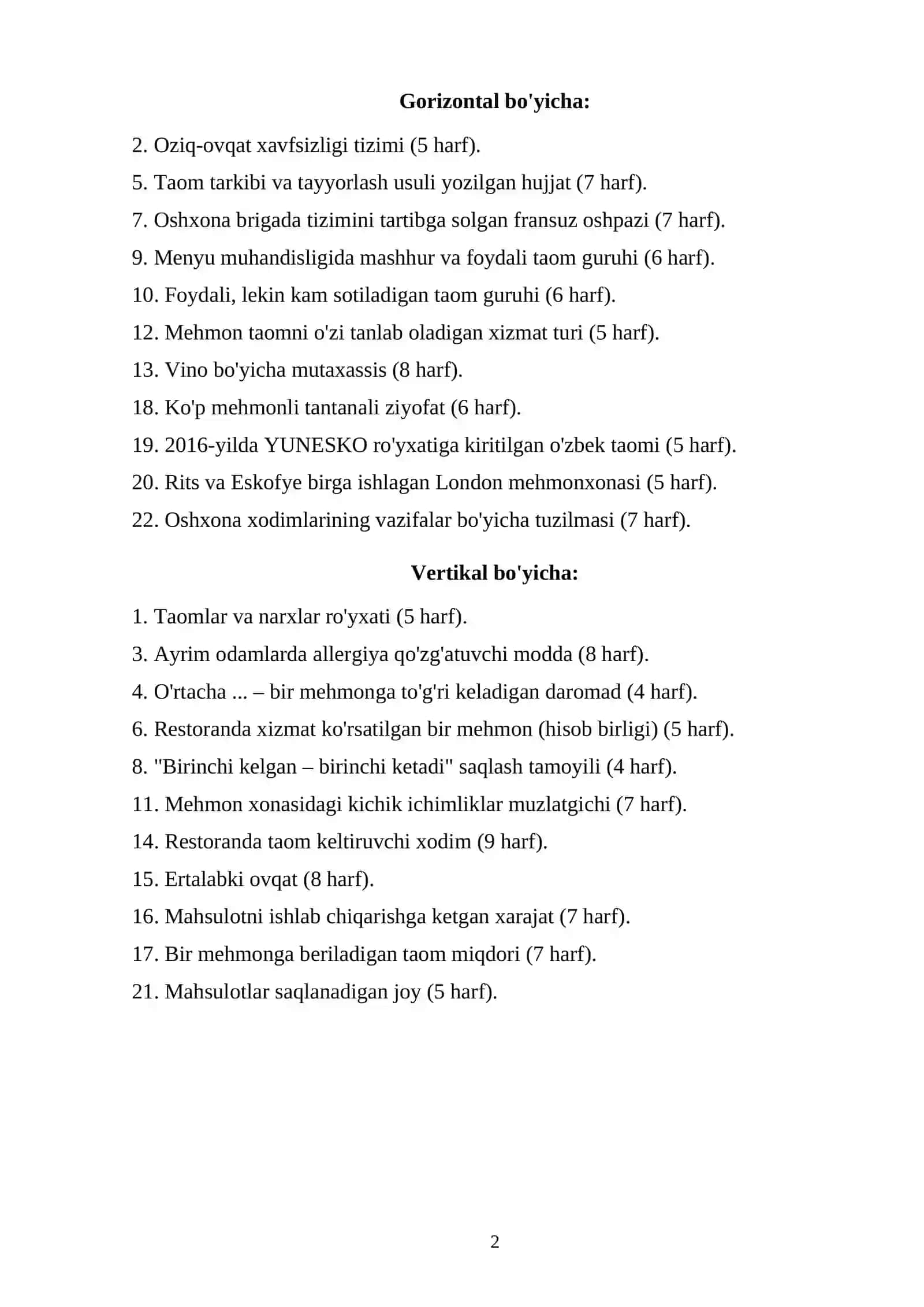 KROSSVORD (Xalqaro mehmonxona menejmentida F&B boshqaruvi) 2
