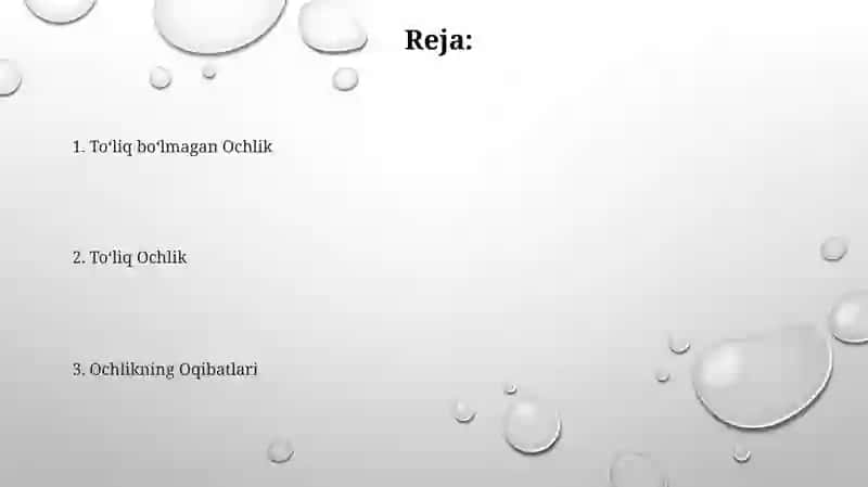 Ochlikning toʻliq turi 3-7 kun ichida oʻlimga olib kelishi mumkin, organizmning energiya zahiralari tugashi va muhim organlarning faoliyatining buzilishi bilan tavsiflanadi 2