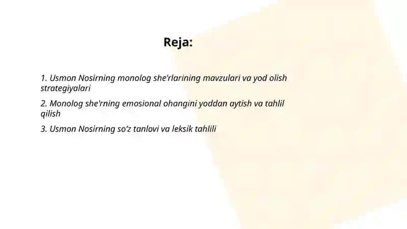 Usmon Nosirning Monolog sherini yod olish va tahlil qilish 2