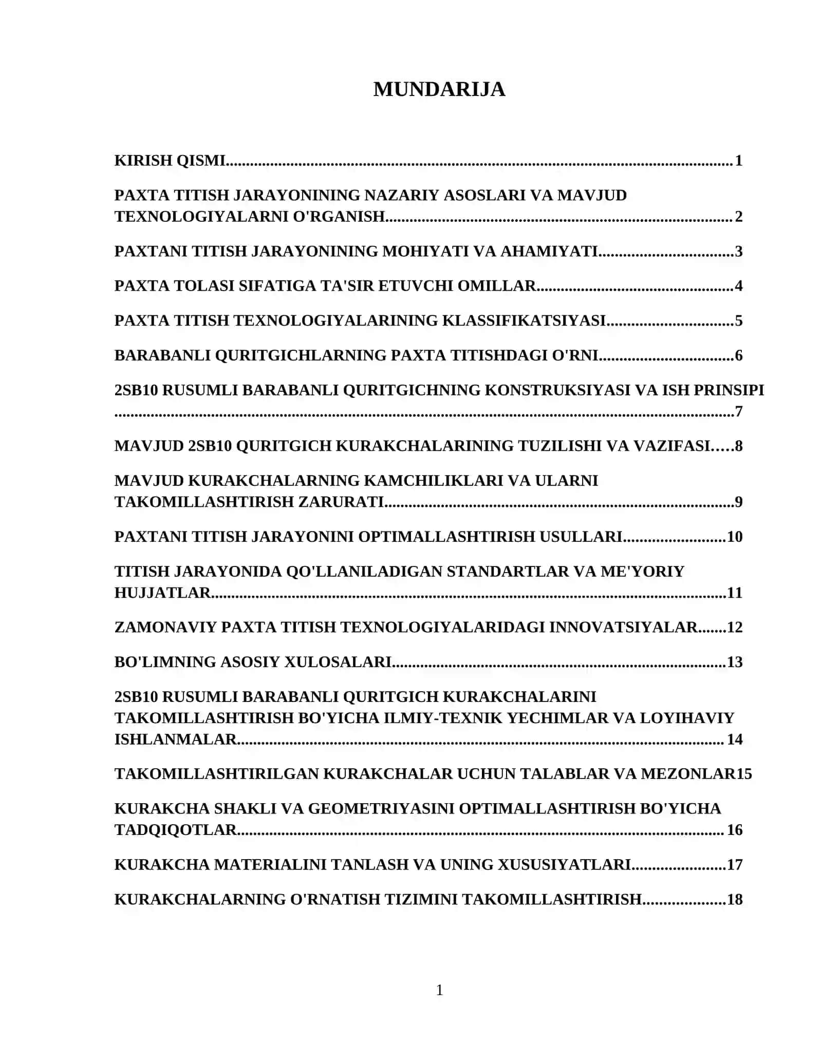 2SB10 rusumli barabanli quritgichda paxtani titilish darajasini oshirish maqsadida kurakchalarini takomilashtirish 2