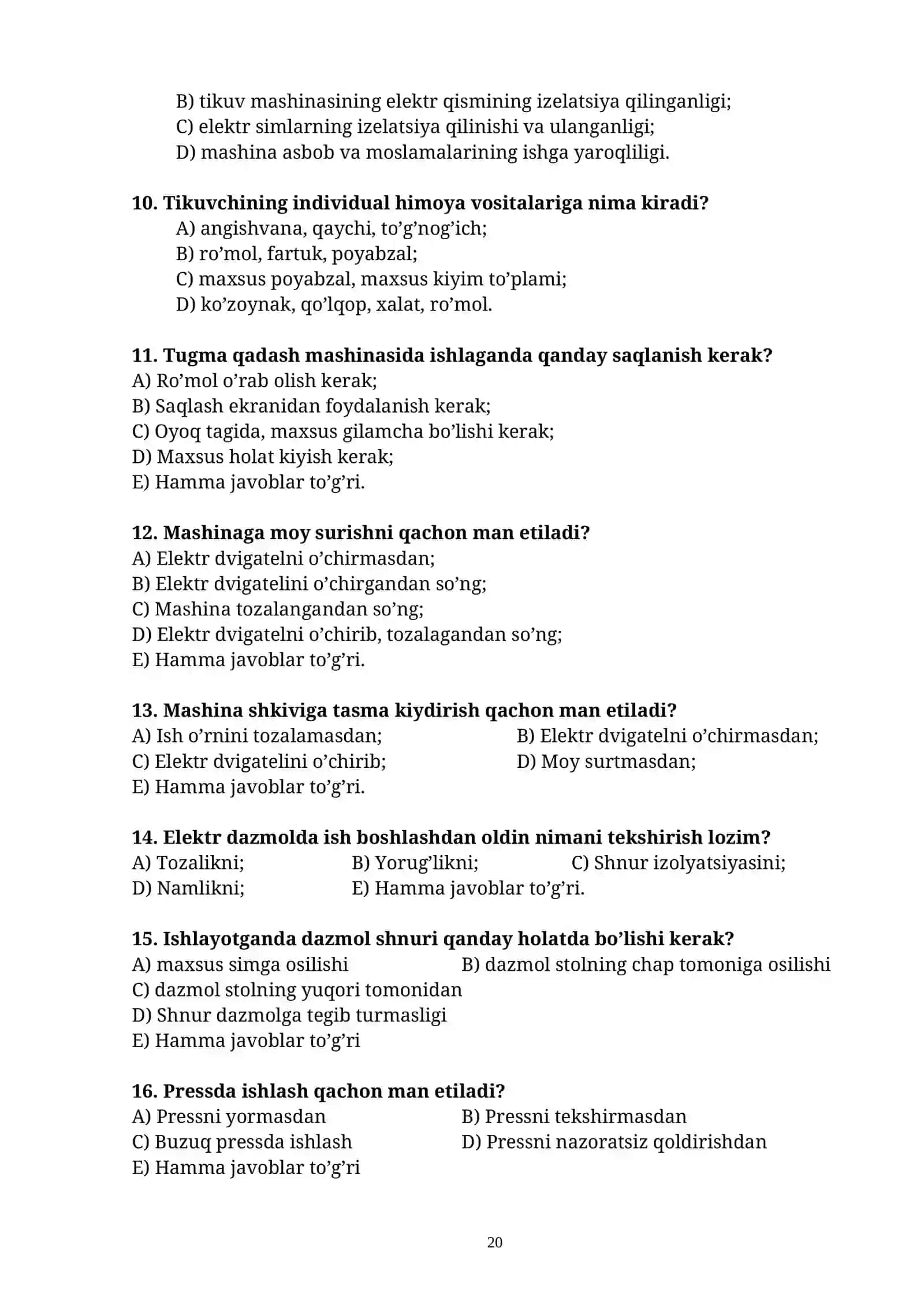 Tikuvchilik fanidan 1000 ta test. 2