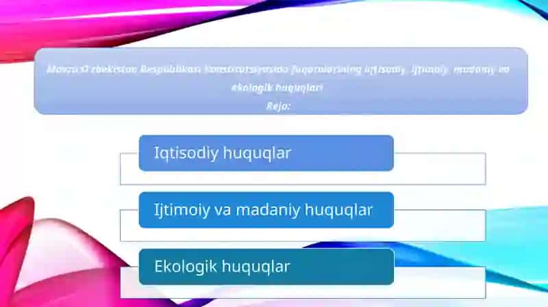 O'zbekiston Respublikasi Konstitutsiyasidagi Fuqarolarining Iqtisodiy, Ijtimoiy, Madaniy va Ekologik Huquqlari 2