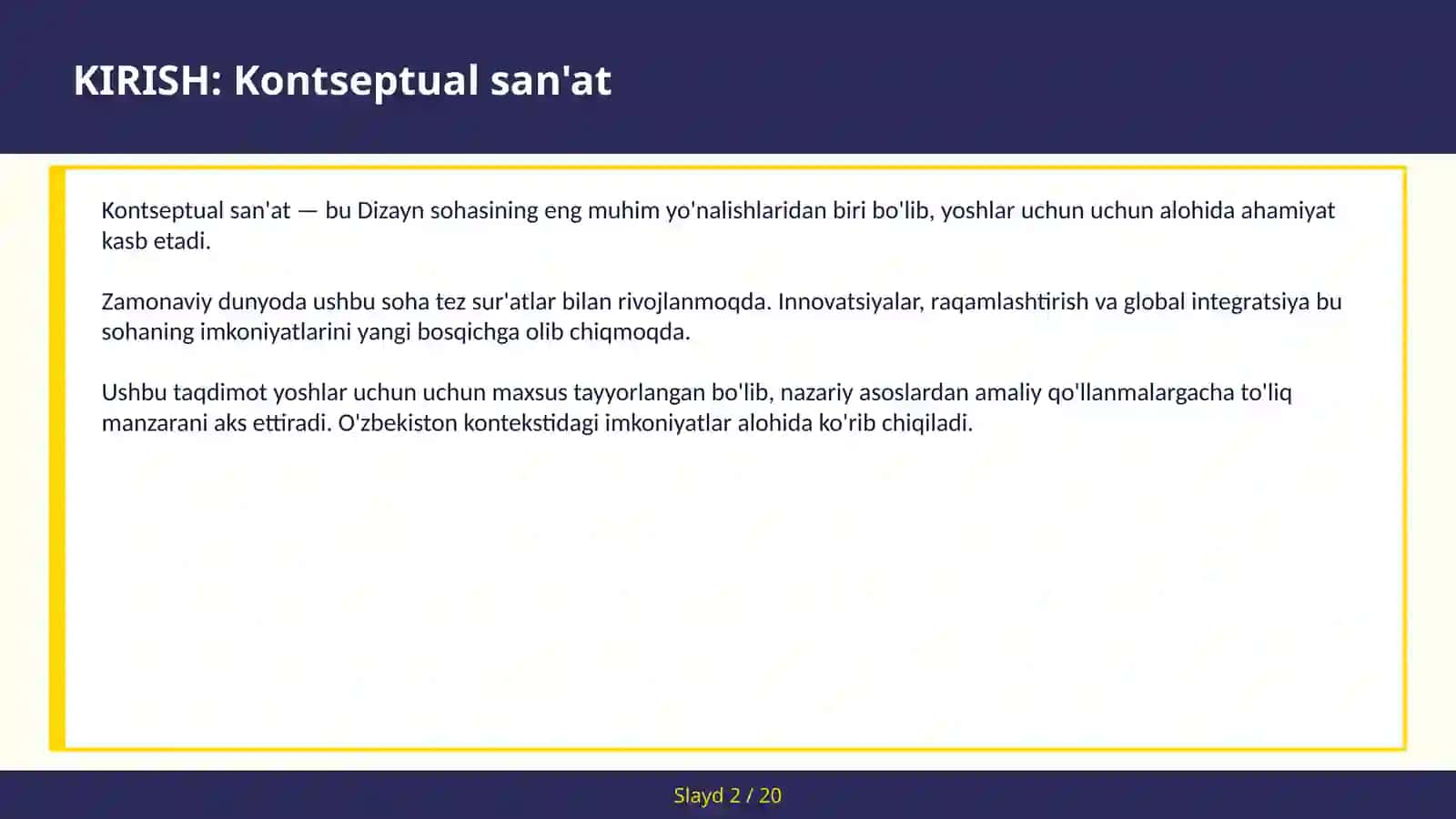 KONTSEPTUAL SAN'AT Installatsiya — yoshlar uchun 2030 kelajak yili 2