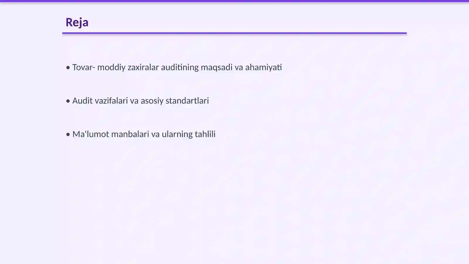 Tovar- moddiy zaxiralar auditining maqsadi, vazifalari, ma'lumot manbalari va tekshiruv o'tkazish tartibi 2
