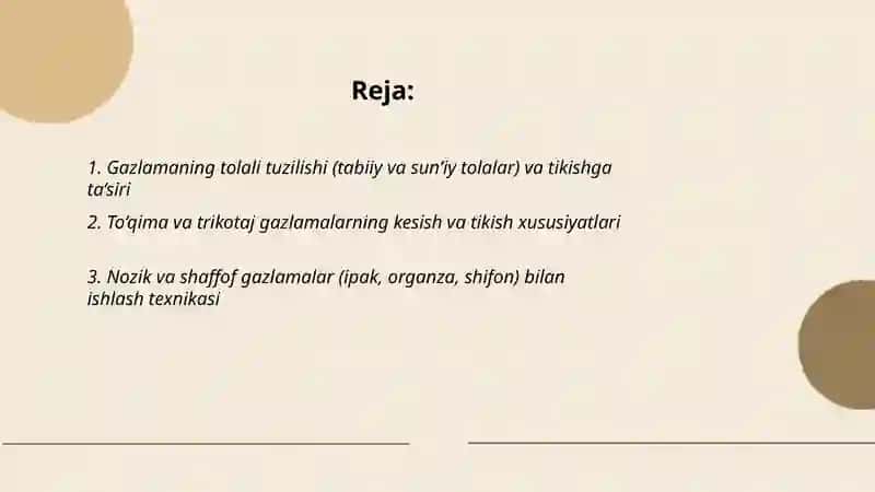 Turli assortimentdagi gazlamalardan kiyim tikish tayorlashning o‘ziga xos xususiyatlari 2