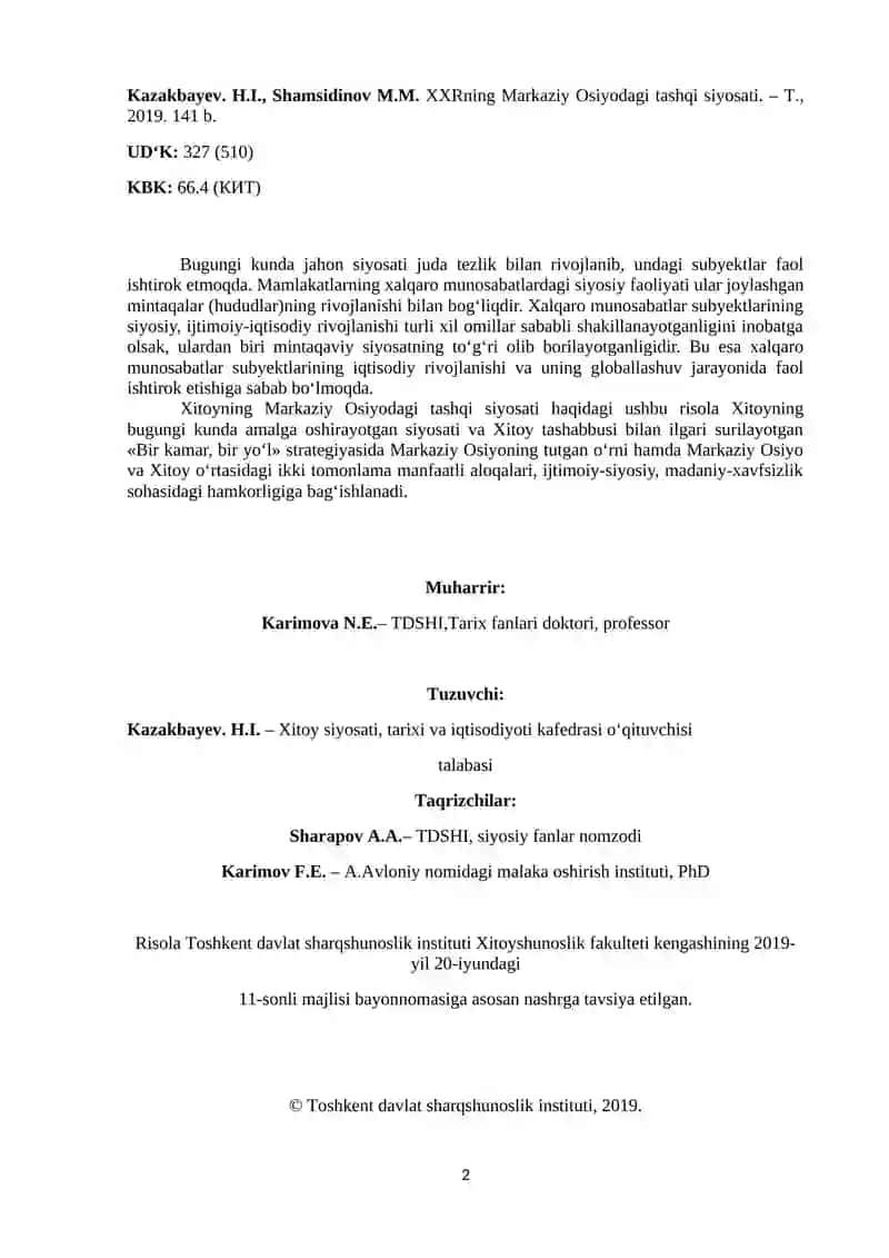 Xitoy Xalq Respublikasining Markaziy Osiyodagi Tashqi Siyosati 2