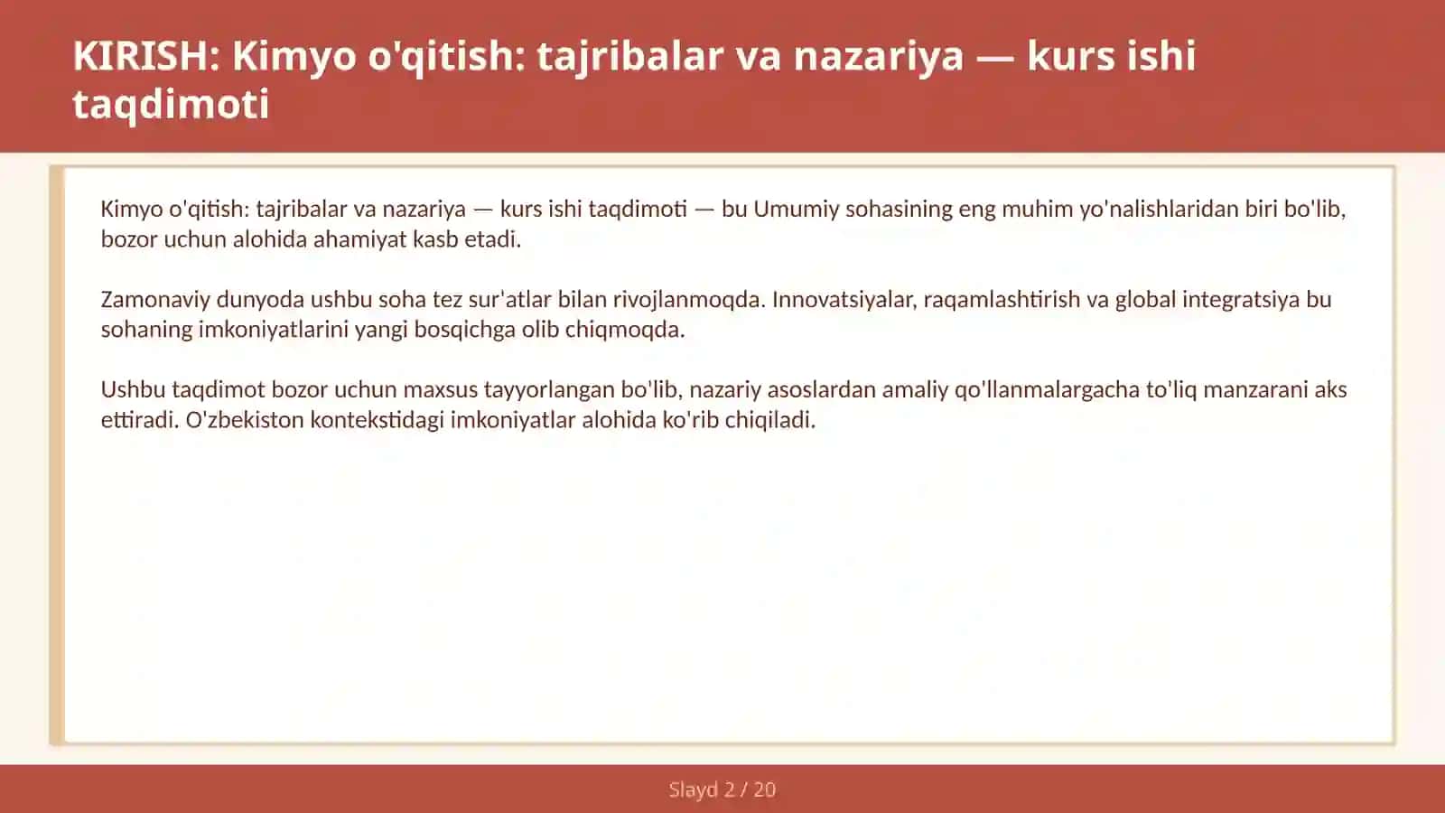 Kimyo O'qitish: Tajribalar va Nazariya - Kurs Ishi Taqdimoti 2