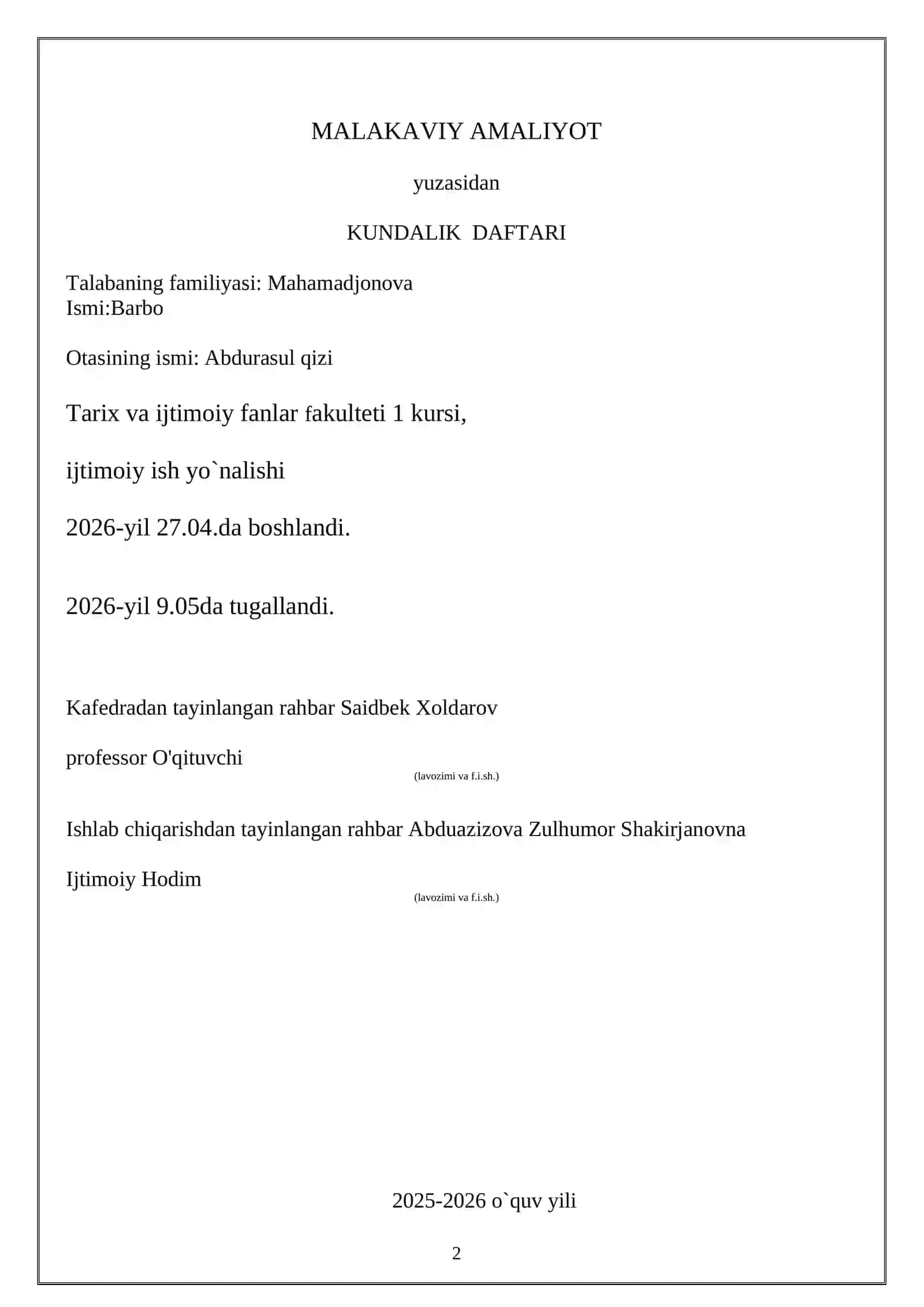MALAKAVIY AMALIYOT KUNDALIK DAFTARI 2