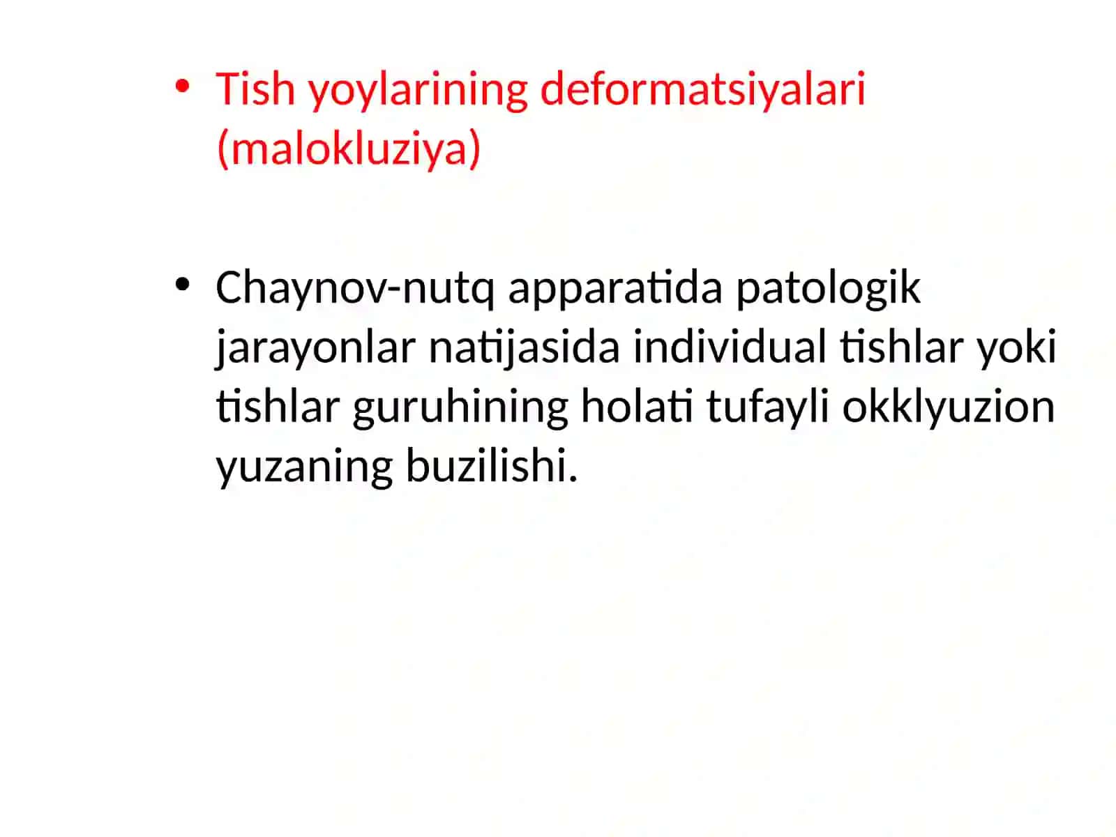 Tish qatorlarining ikkilamchi  deformatsiyasi. Uning etiopatogenezi. Klinikasi va davolash usullari. 2