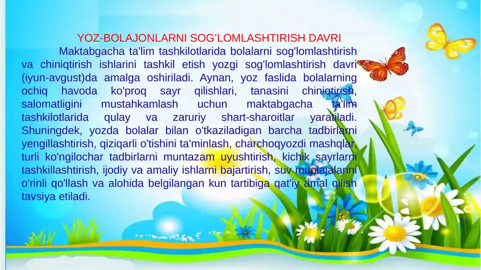 YOZ-BOLAJONLARNI SOG’LOMLASHTIRISH DAVRI 2